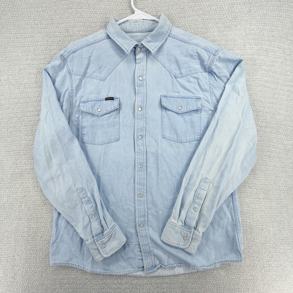 Poncho Denim Shirt Mens Large Slim Fit Light Wash Pearl Snap Western Cowboy